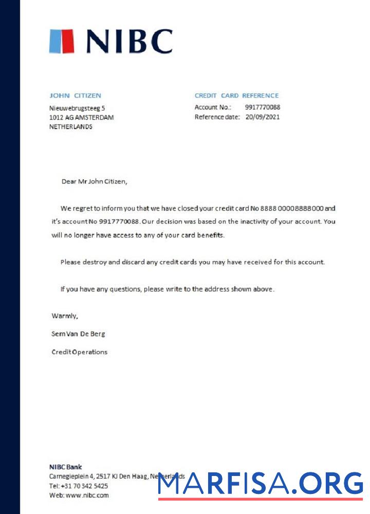 Blank Netherlands NIBC bank closure reference download for verification